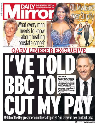 Daily Mirror Newspaper Front Page (UK) for 17 September 2019