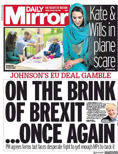 Daily Mirror Newspaper Front Page (UK) for 18 October 2019