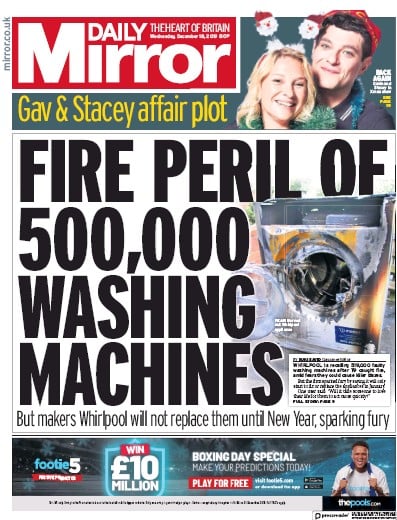 Daily Mirror Newspaper Front Page (UK) for 18 December 2019