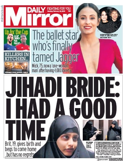 Daily Mirror Newspaper Front Page (UK) for 18 February 2019