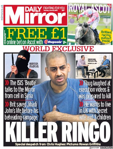 Daily Mirror Newspaper Front Page (UK) for 18 June 2019