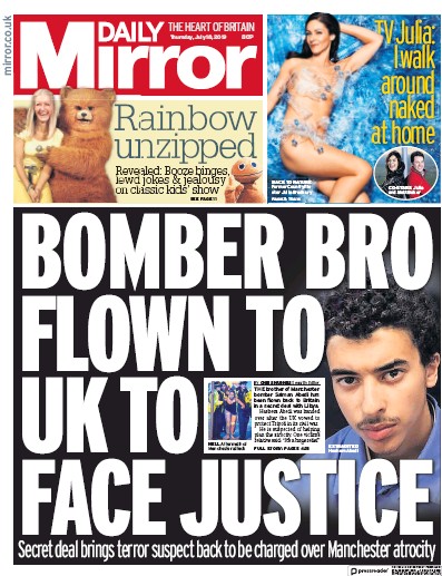 Daily Mirror Newspaper Front Page (UK) for 18 July 2019