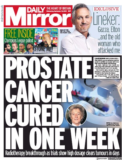 Daily Mirror Newspaper Front Page (UK) for 18 September 2019