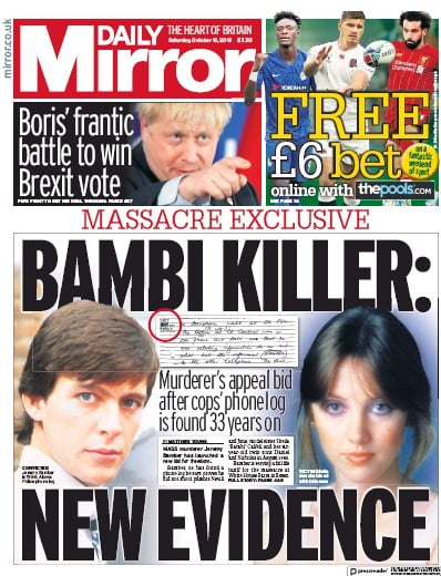 Daily Mirror Newspaper Front Page (UK) for 19 October 2019