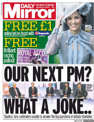 Daily Mirror Newspaper Front Page (UK) for 19 June 2019