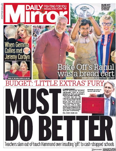 Daily Mirror Newspaper Front Page (UK) for 1 November 2018