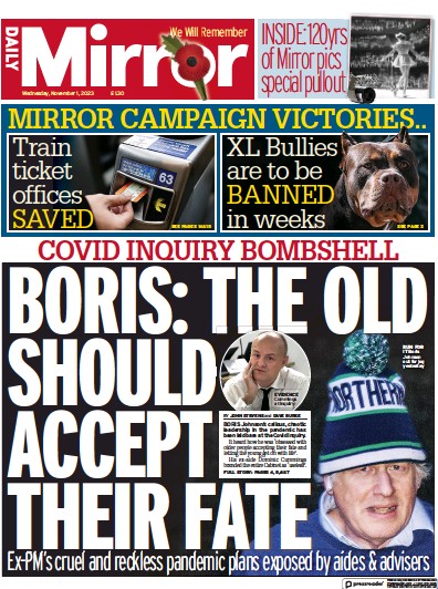 Daily Mirror Newspaper Front Page (UK) for 1 November 2023