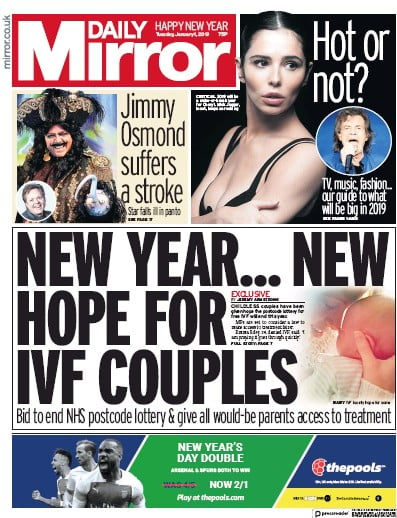 Daily Mirror Newspaper Front Page (UK) for 1 January 2019