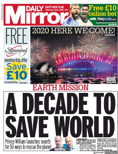 Daily Mirror Newspaper Front Page (UK) for 1 January 2020