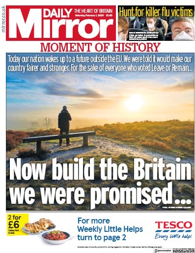 Daily Mirror Newspaper Front Page (UK) for 1 February 2020
