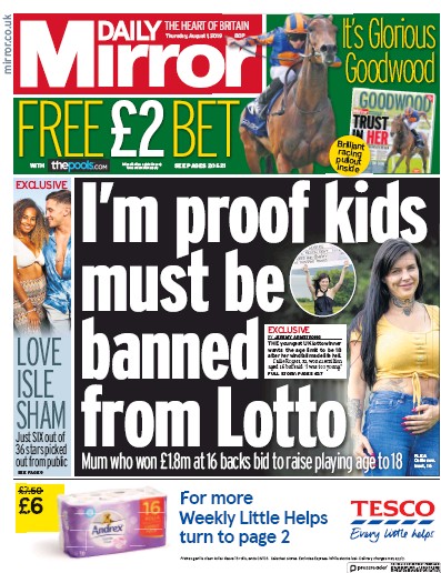 Daily Mirror Newspaper Front Page (UK) for 1 August 2019