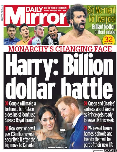 Daily Mirror Newspaper Front Page (UK) for 20 January 2020