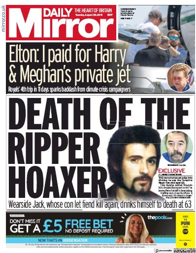 Daily Mirror Newspaper Front Page (UK) for 20 August 2019