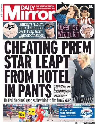 Daily Mirror Newspaper Front Page (UK) for 20 September 2019