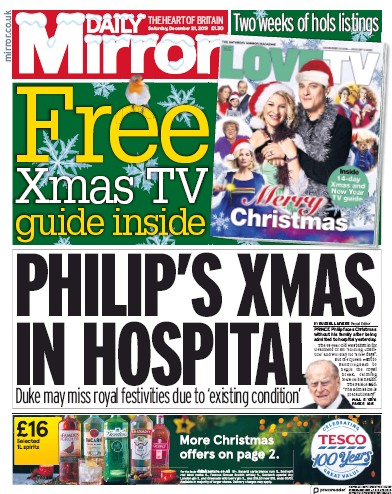 Daily Mirror Newspaper Front Page (UK) for 21 December 2019