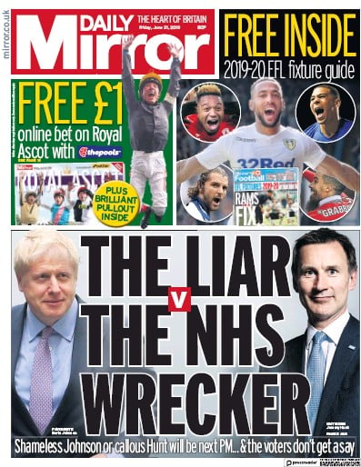 Daily Mirror Newspaper Front Page (UK) for 21 June 2019