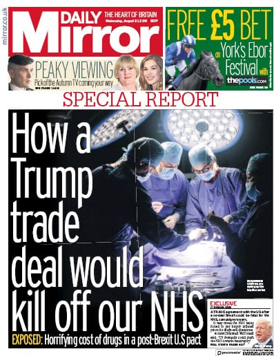 Daily Mirror Newspaper Front Page (UK) for 21 August 2019