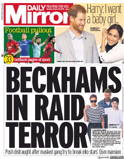 Daily Mirror Newspaper Front Page (UK) for 22 October 2018