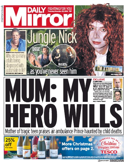 Daily Mirror Newspaper Front Page (UK) for 22 November 2018