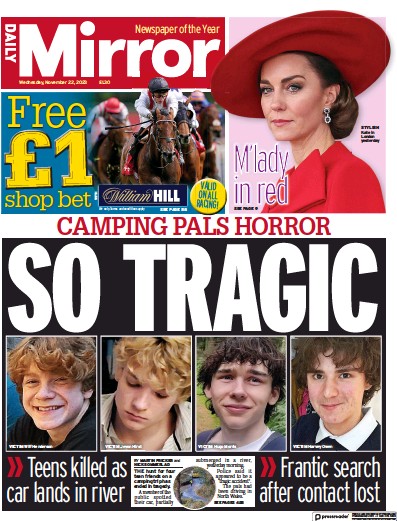 Daily Mirror Newspaper Front Page (UK) for 22 November 2023