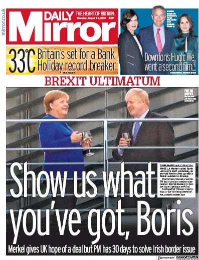 Daily Mirror Newspaper Front Page (UK) for 22 August 2019