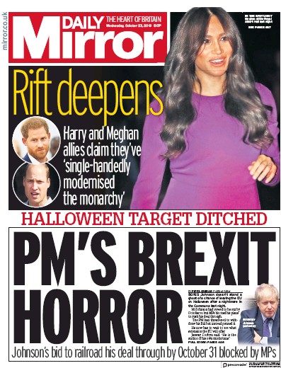 Daily Mirror Newspaper Front Page (UK) for 23 October 2019