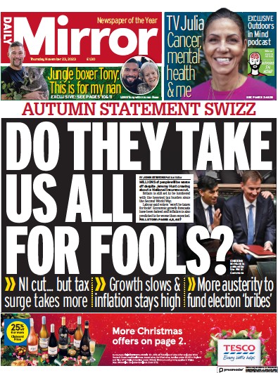 Daily Mirror Newspaper Front Page (UK) for 23 November 2023