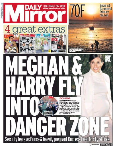 Daily Mirror Newspaper Front Page (UK) for 23 February 2019