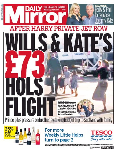 Daily Mirror Newspaper Front Page (UK) for 23 August 2019