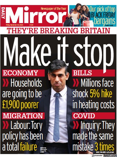 Daily Mirror Newspaper Front Page (UK) for 24 November 2023