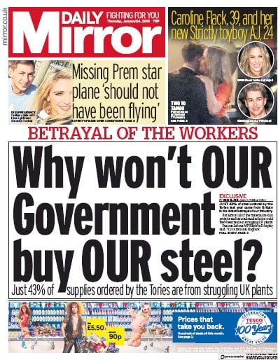 Daily Mirror Newspaper Front Page (UK) for 24 January 2019