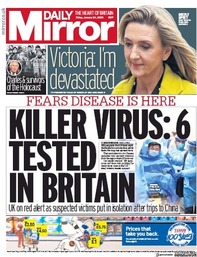 Daily Mirror Newspaper Front Page (UK) for 24 January 2020