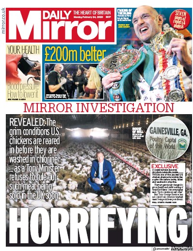 Daily Mirror Newspaper Front Page (UK) for 24 February 2020