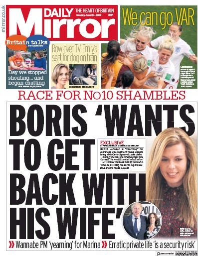 Daily Mirror Newspaper Front Page (UK) for 24 June 2019