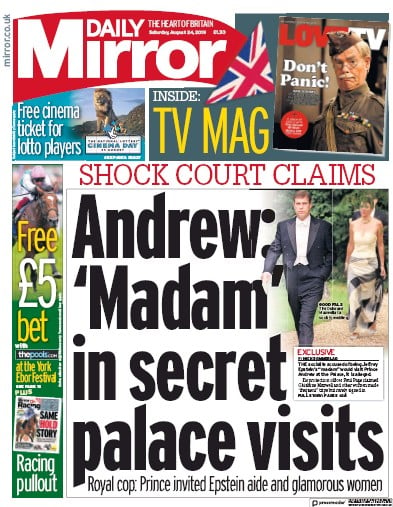 Daily Mirror Newspaper Front Page (UK) for 24 August 2019