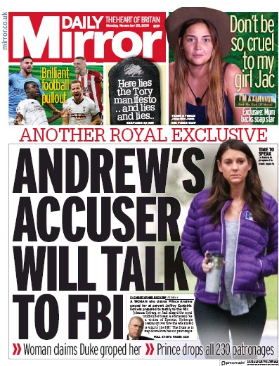 Daily Mirror Newspaper Front Page (UK) for 25 November 2019