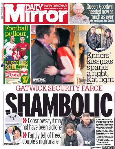 Daily Mirror Newspaper Front Page (UK) for 25 December 2018