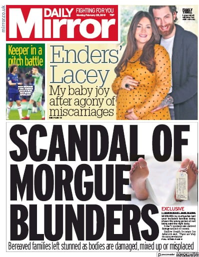 Daily Mirror Newspaper Front Page (UK) for 25 February 2019