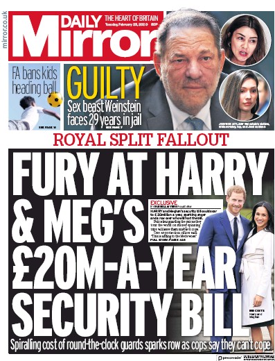 Daily Mirror Newspaper Front Page (UK) for 25 February 2020