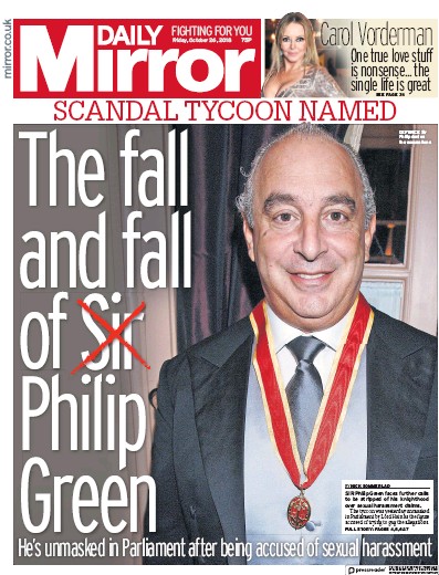Daily Mirror Newspaper Front Page (UK) for 26 October 2018