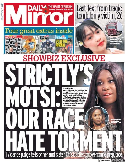Daily Mirror Newspaper Front Page (UK) for 26 October 2019