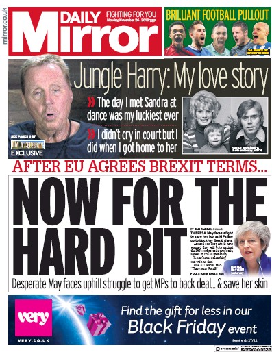 Daily Mirror Newspaper Front Page (UK) for 26 November 2018