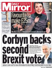 Daily Mirror (UK) Newspaper Front Page for 26 February 2019