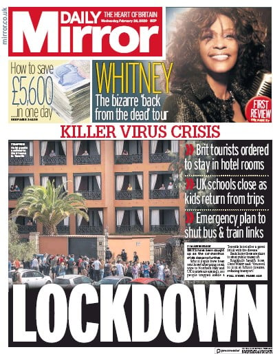 Daily Mirror Newspaper Front Page (UK) for 26 February 2020