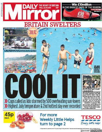 Daily Mirror Newspaper Front Page (UK) for 26 July 2019