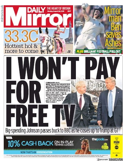 Daily Mirror Newspaper Front Page (UK) for 26 August 2019