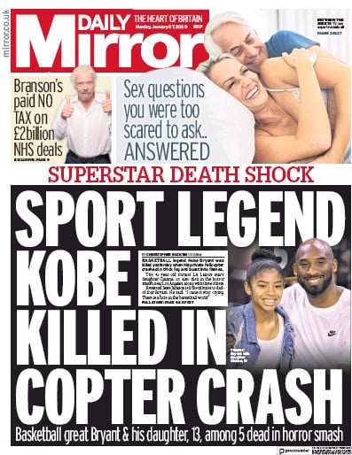Daily Mirror Newspaper Front Page (UK) for 27 January 2020