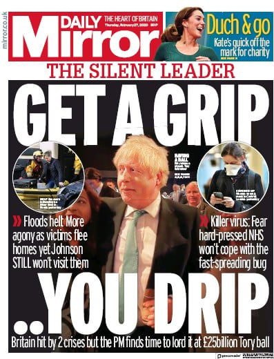 Daily Mirror Newspaper Front Page (UK) for 27 February 2020