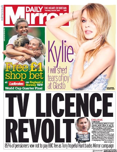 Daily Mirror Newspaper Front Page (UK) for 27 June 2019