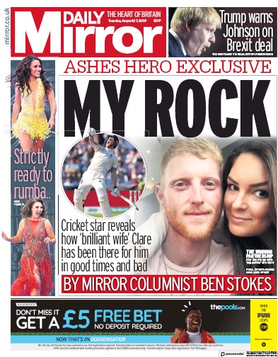 Daily Mirror Newspaper Front Page (UK) for 27 August 2019